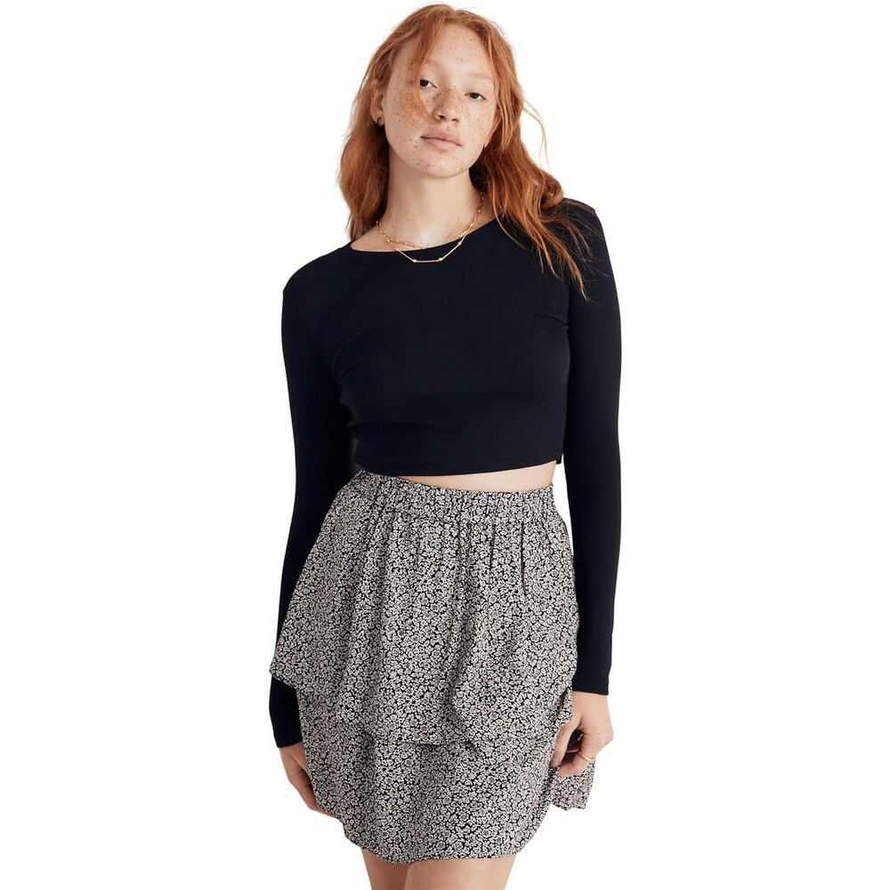 Madewell Shirt Women Large Black Fine Ribbed Supercrop Crewneck Long-Sleeve Tee